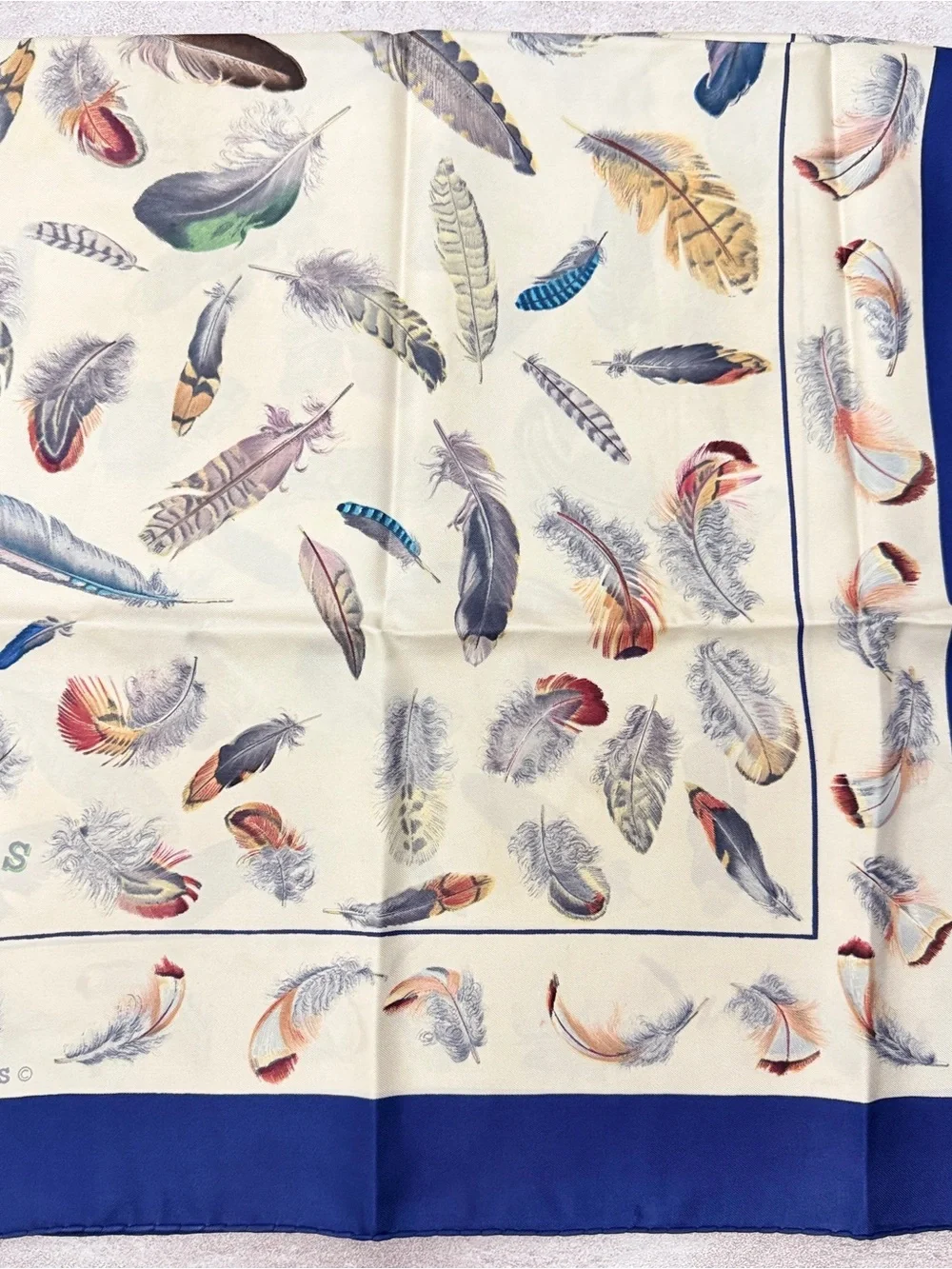 Hermes Multicolor Feather Print Silk Scarf - Blue Trim